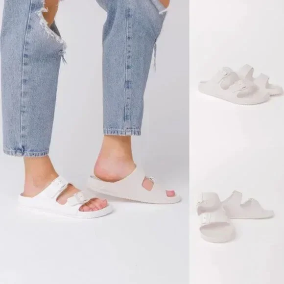 NEW Adjustable Double Buckled Straps Comfy Slip On Slides Slippers Sandals White - Picture 10 of 12